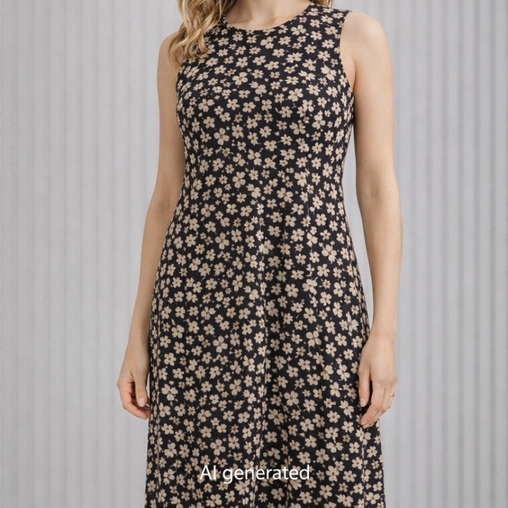 Anne Klein Black and Cream Floral Midi Dress size 8